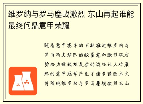 维罗纳与罗马鏖战激烈 东山再起谁能最终问鼎意甲荣耀