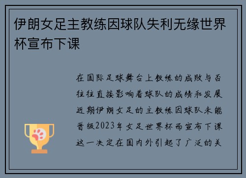伊朗女足主教练因球队失利无缘世界杯宣布下课 